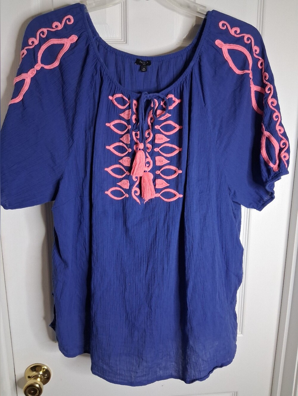 Casual Women's Blue Gauzy Boho Embroidered Tassel Peasant Top by TALBOTS SZ 2X